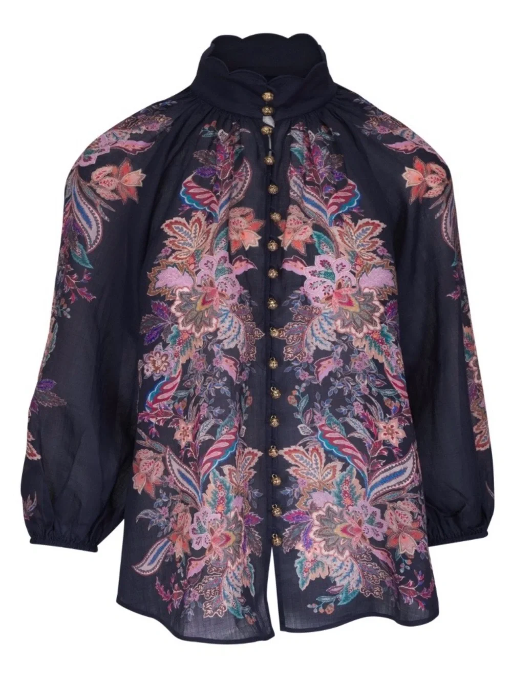 Zimmermann Rhiannon Billow Blouse 100% Ramie Paisley Boho Sheer Navy Top M - Picture 2 of 14